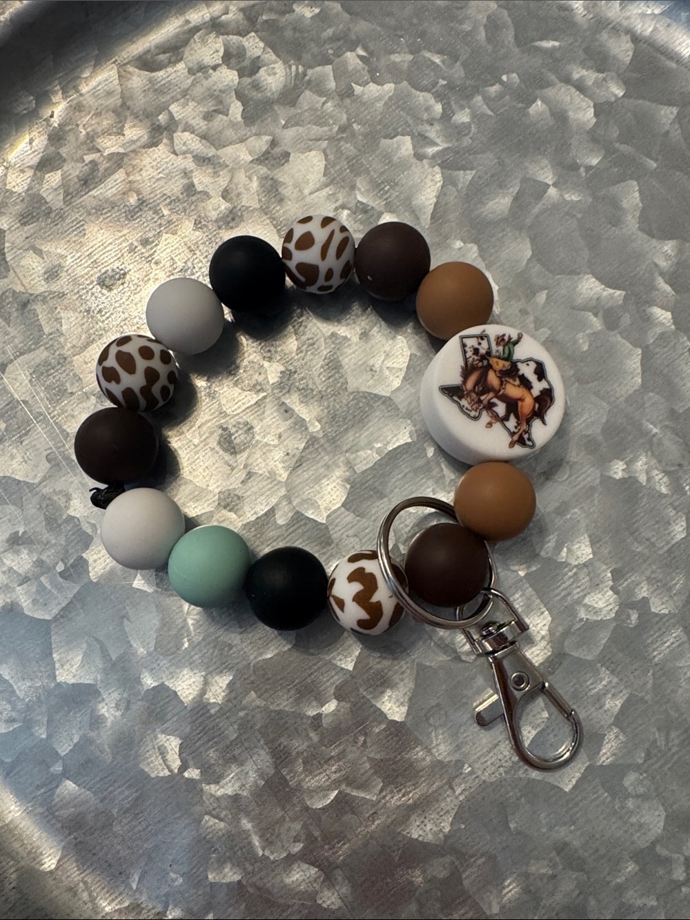 Beaded Wrist Key & Card Holder - Brown, White, Mint Cow Print